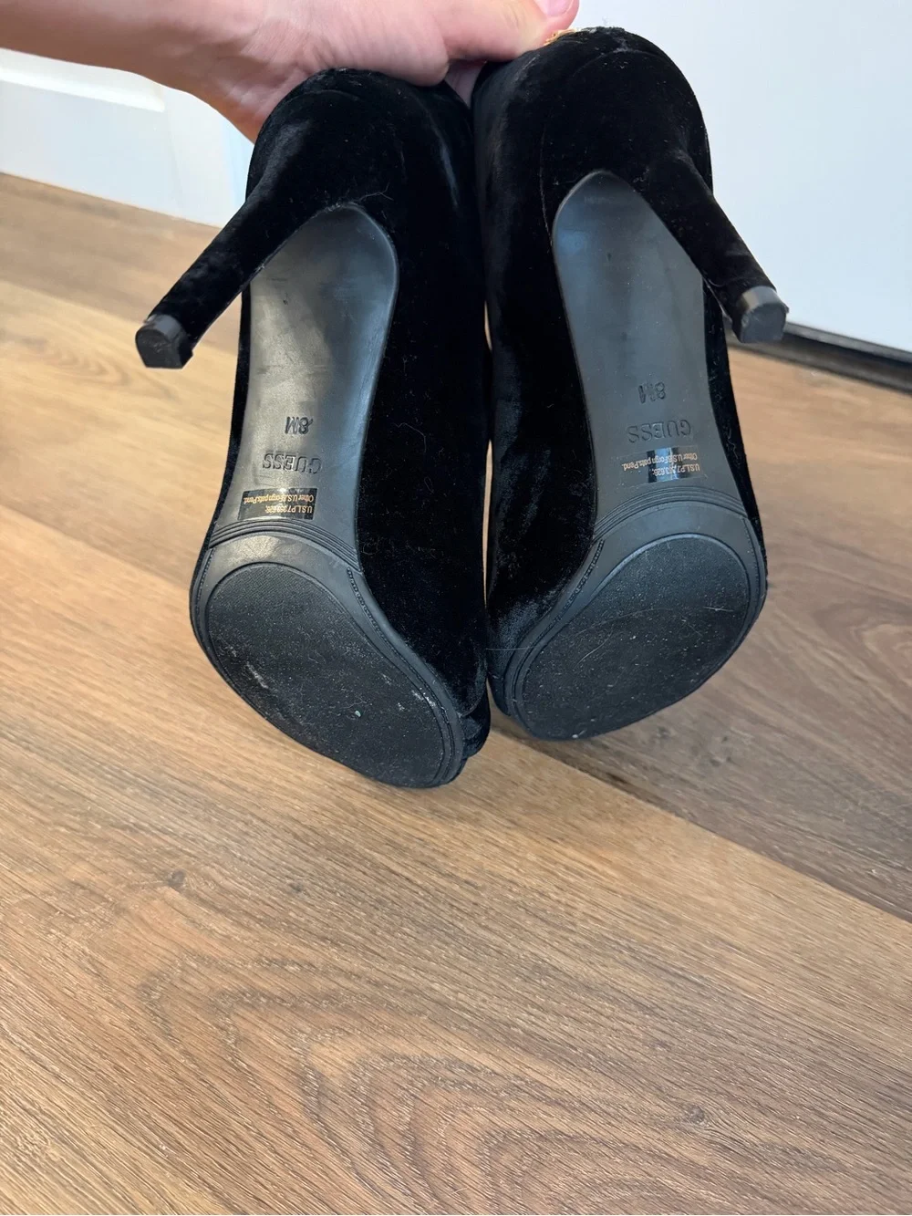 Guess Black Velvet Peep-Toe Ankle Booties with Gold Buttons